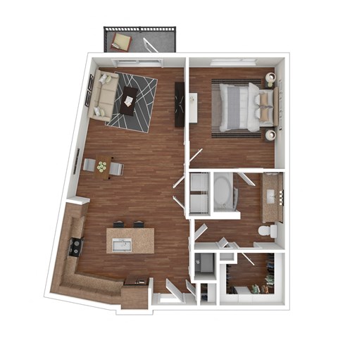 Floor plan for 1 bed, 1 bath, 883 sqft